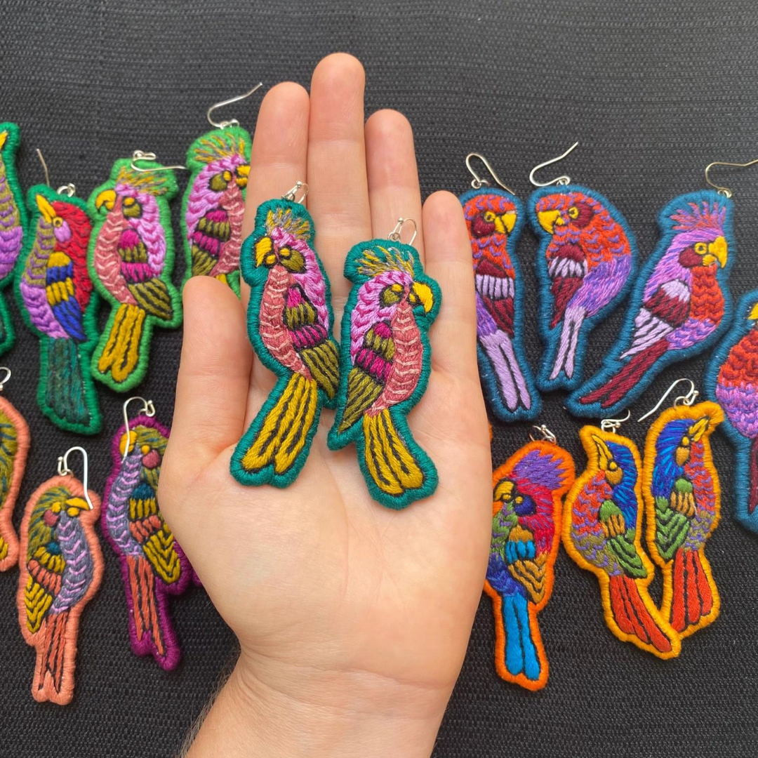 Handmade Embroidered Bird Earrings